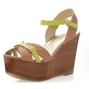 Seychelles Wedge Sandals Tan/Lime Woven 7.5 Stacked Wood Platform Anthropologie